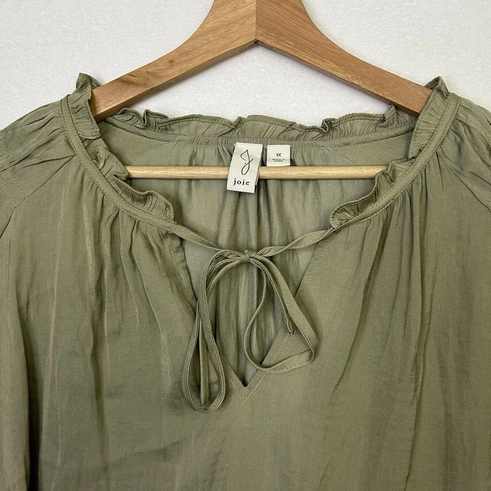 JOIE 1X Satin Long Sleeve Tie Neck Peasant Boho Blouse Green - Picture 2 of 7